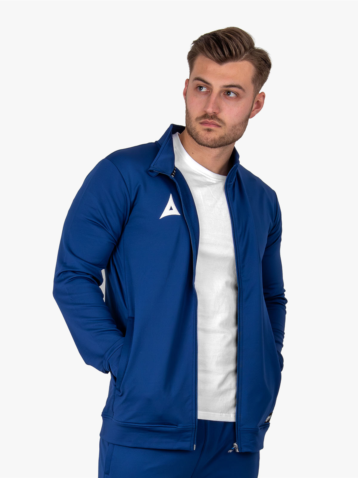 avec focus 2 navy blue track jacket worn by model – close up shot