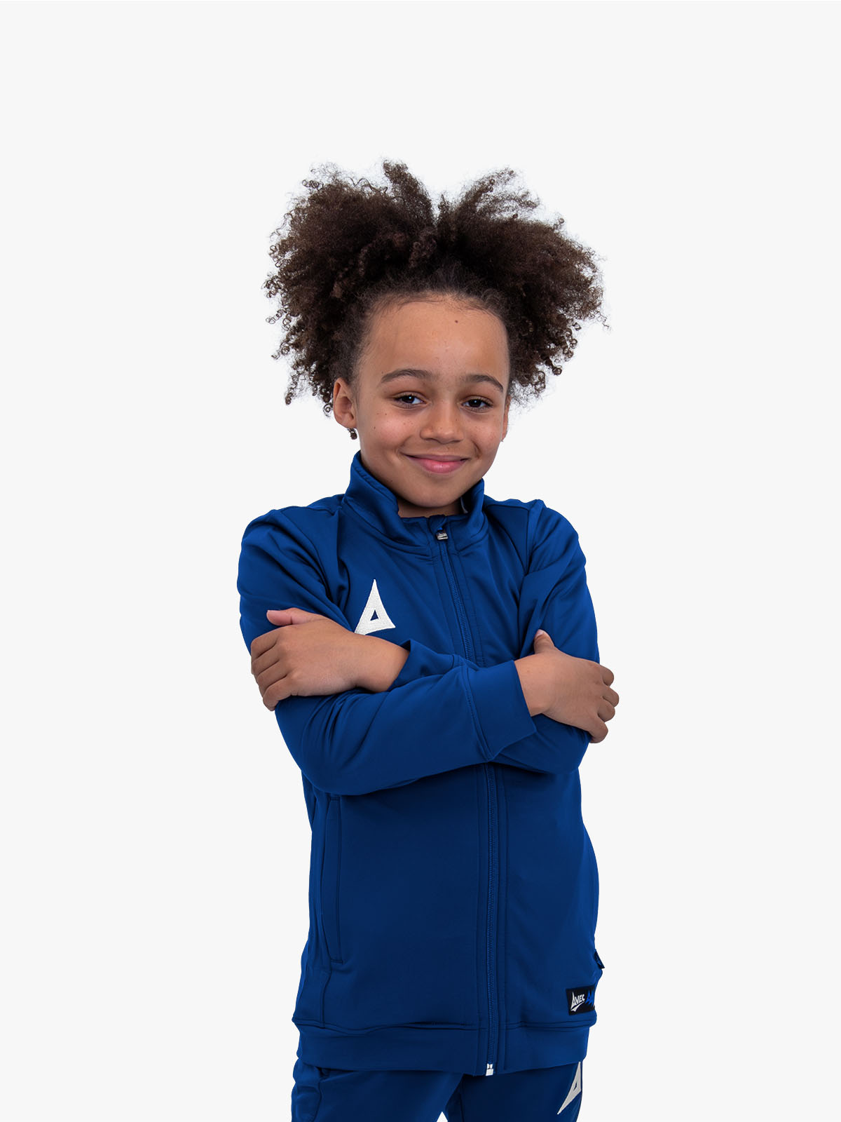 avec focus 2 navy blue track jacket worn by junior model – close up shot