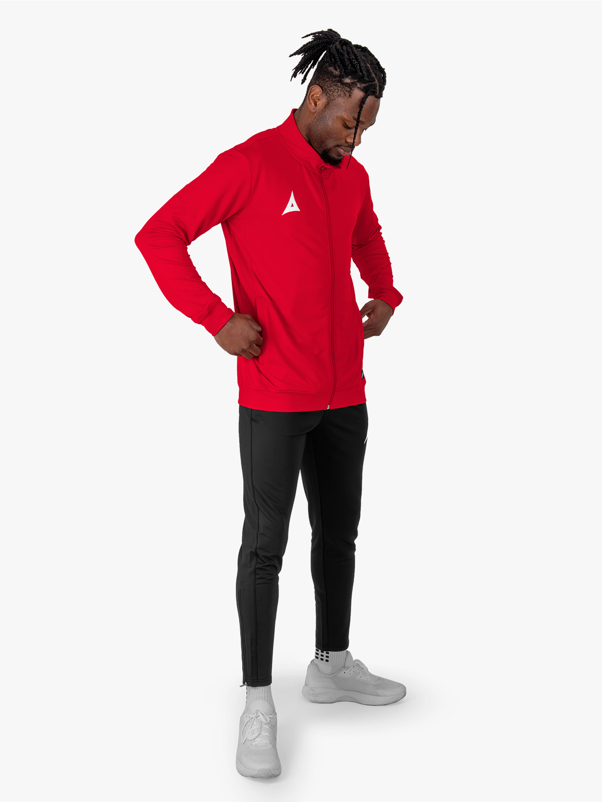avec focus 2 red track jacket worn by model – full body shot