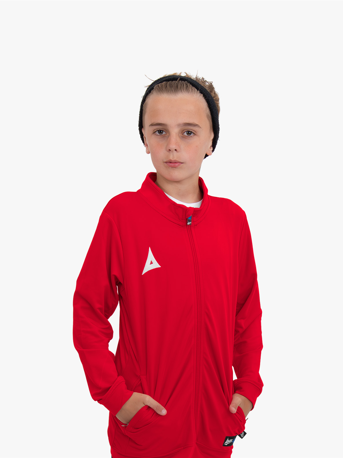 avec focus 2 red track jacket worn by junior model – close up shot