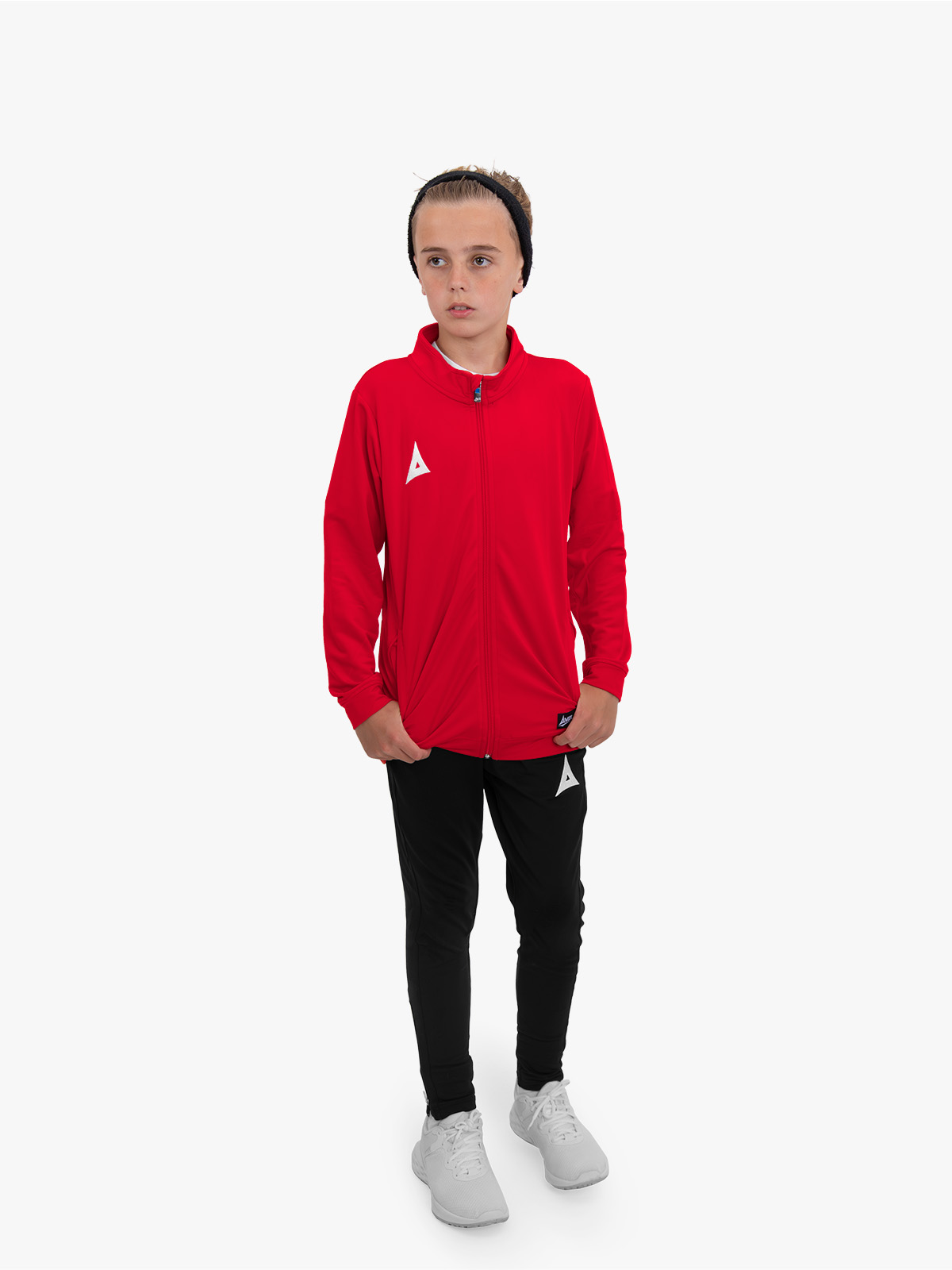 avec focus 2 red track jacket worn by junior model – full body shot