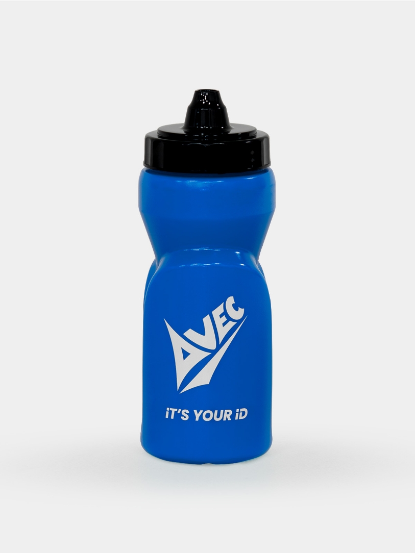 Royal blue water bottle with a self sealing nozzle