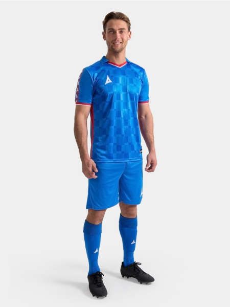 Lightweight performance football jersey in royal blue with red trim