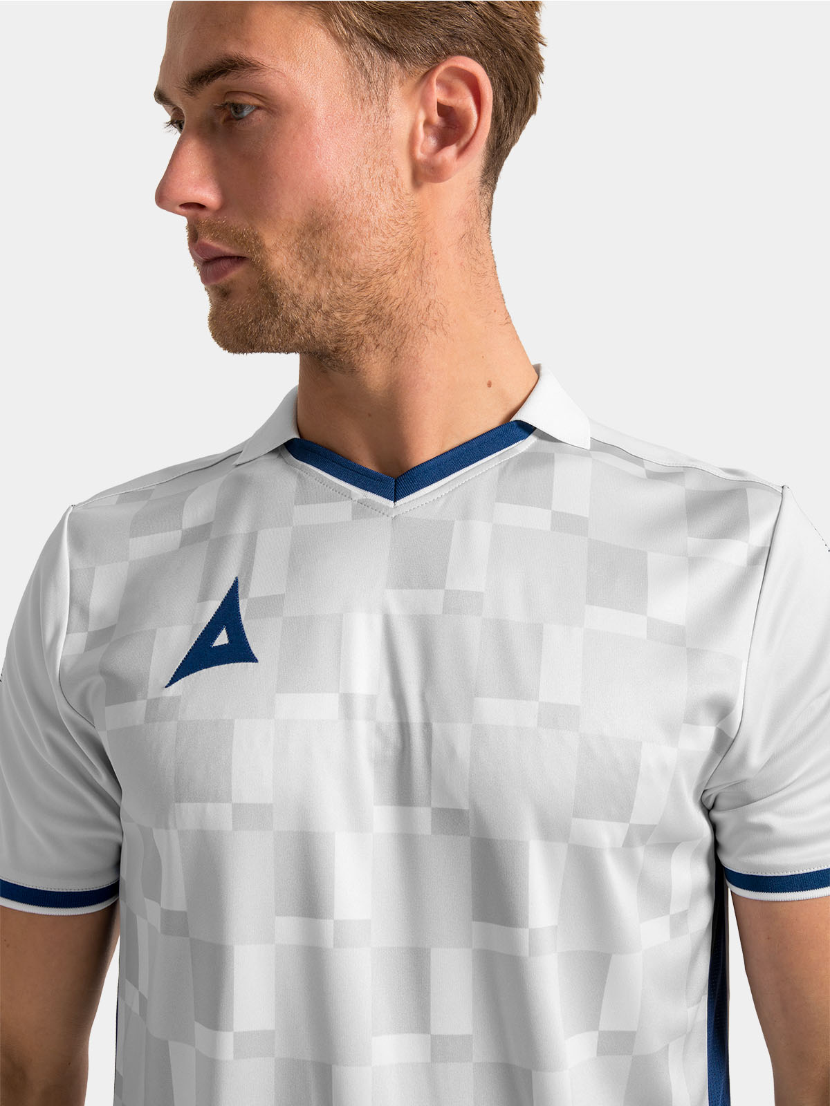 close‑up of sq pro fabric texture in grey with navy accents