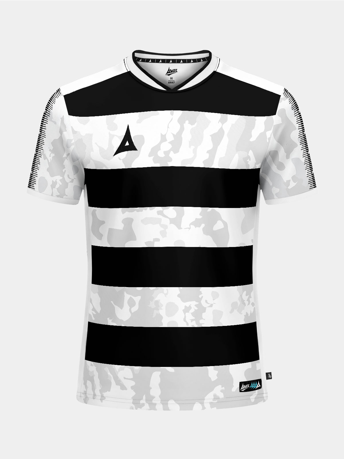 front view of the black and white pro intent hoop jersey featuring the sublimated camo pattern within the hoops.