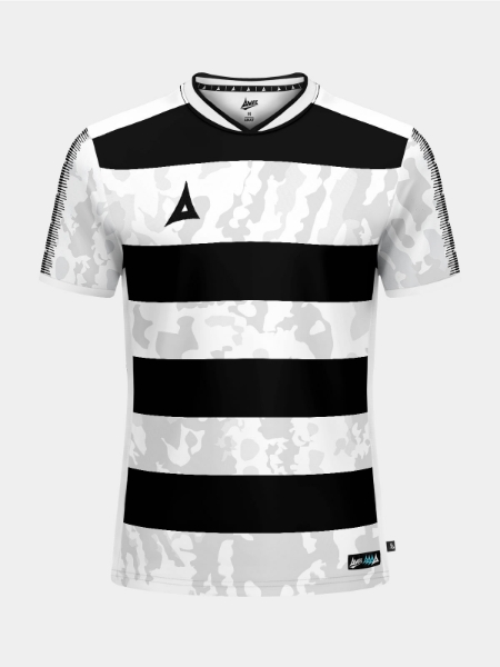 Front view of the Black and White Pro Intent Hoop Jersey featuring the sublimated camo pattern within the hoops.
