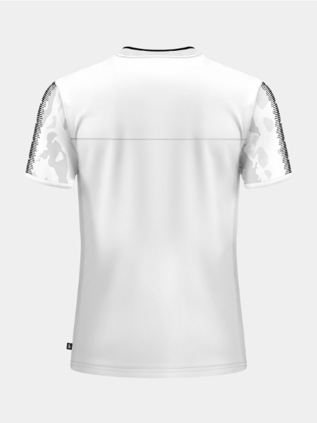 Rear perspective of the Black and White hooped jersey, designed with a clean space for player name and numbering