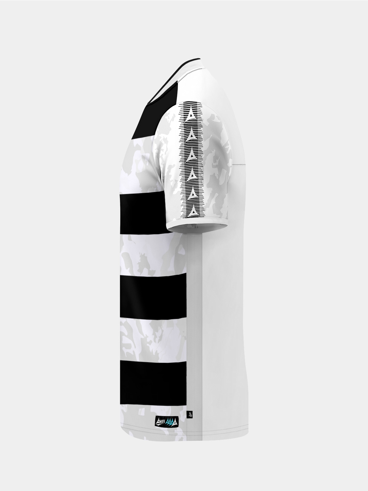 left side view highlighting the breathable mesh side panels and contrast sleeve on the black and white jersey.