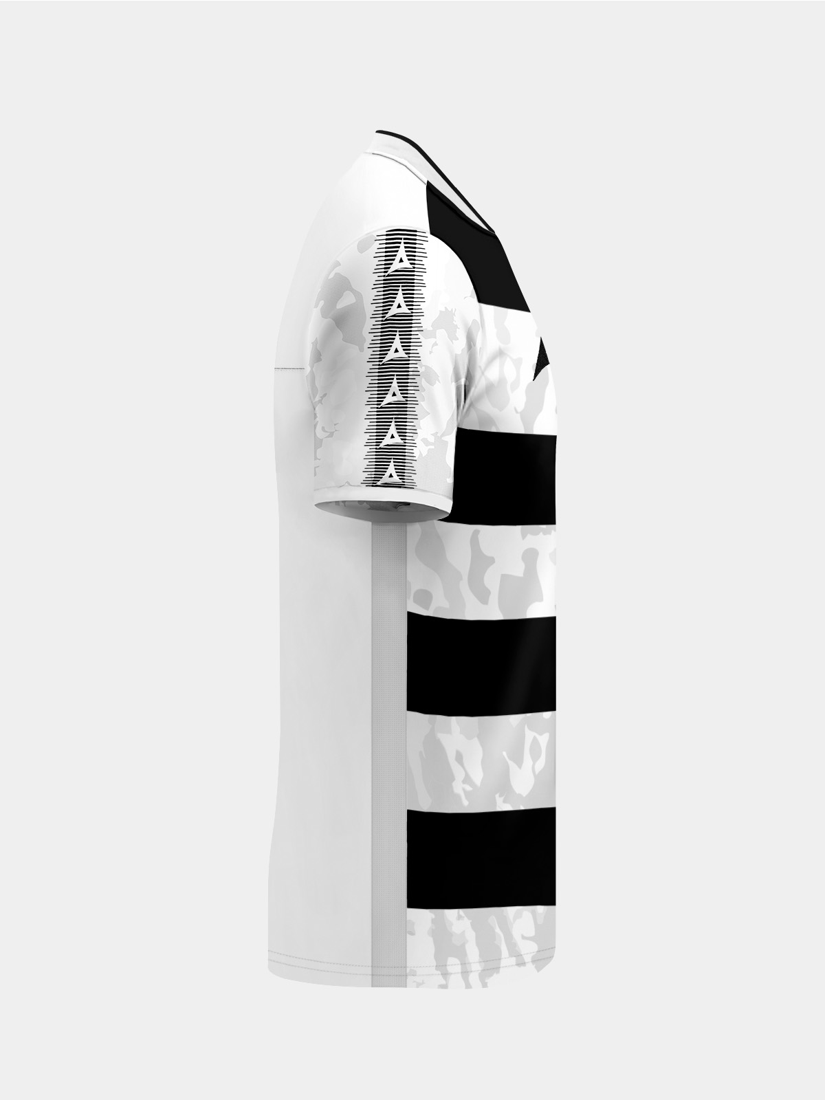 right profile of the black and white pro intent shirt showing the durable interlock polyester and sleeve branding.