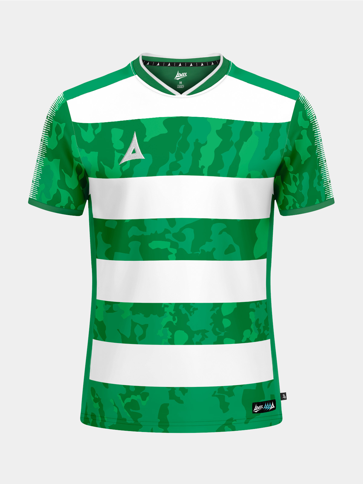 a professional front-facing shot of the green and white pro intent hoop jersey with intricate camo-hoop detailing.