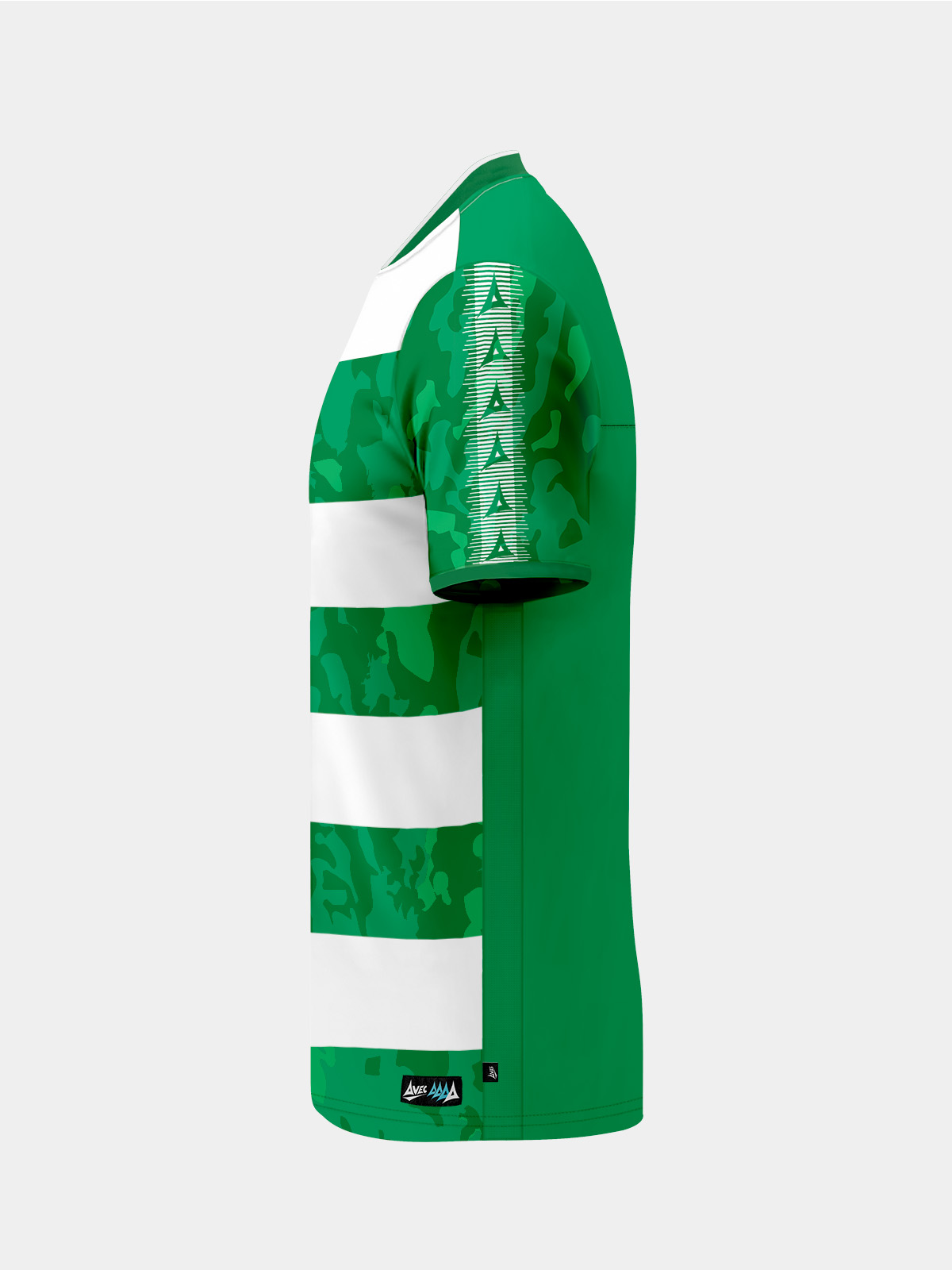 side view of the green and white jersey highlighting the integrated mesh panels for enhanced airflow.