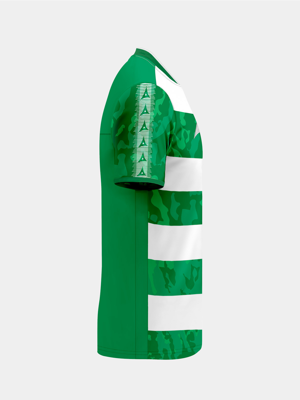 right side perspective of the green and white pro intent jersey, displaying the moisture-wicking interlock fabric.
