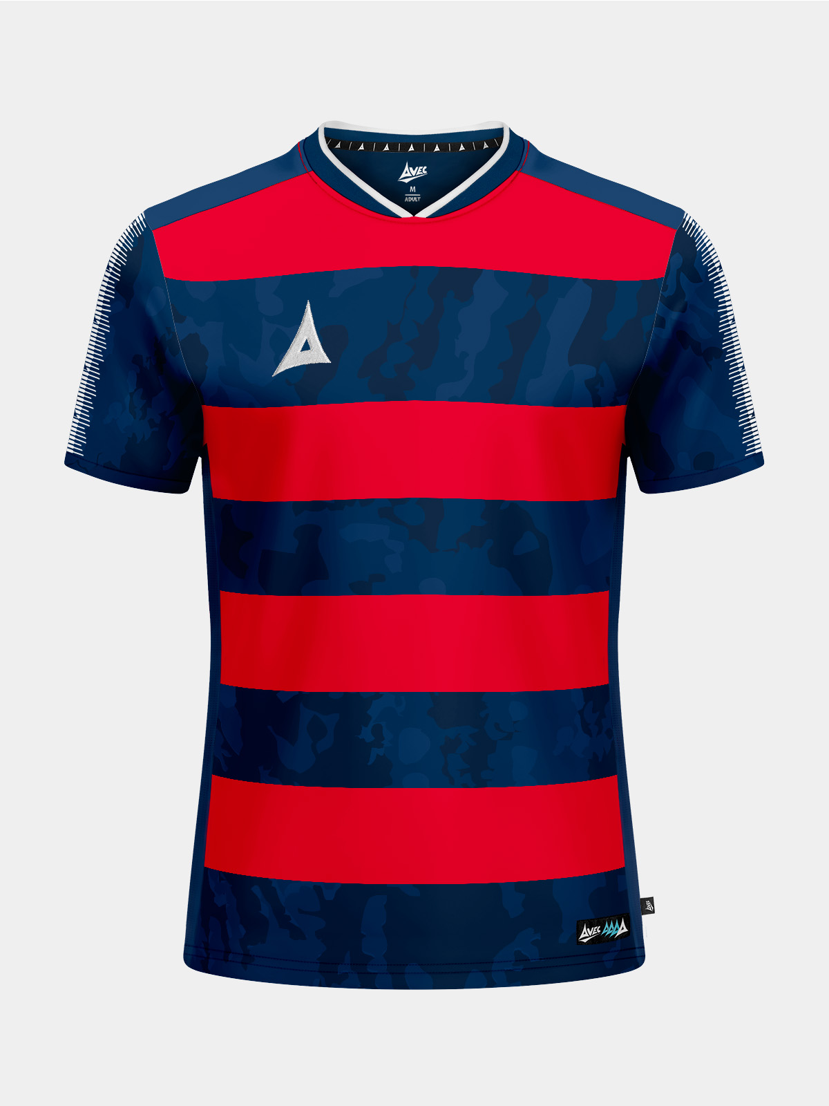 full front view of the navy and red pro intent hoop jersey, showcasing the bold camo-patterned hoops.