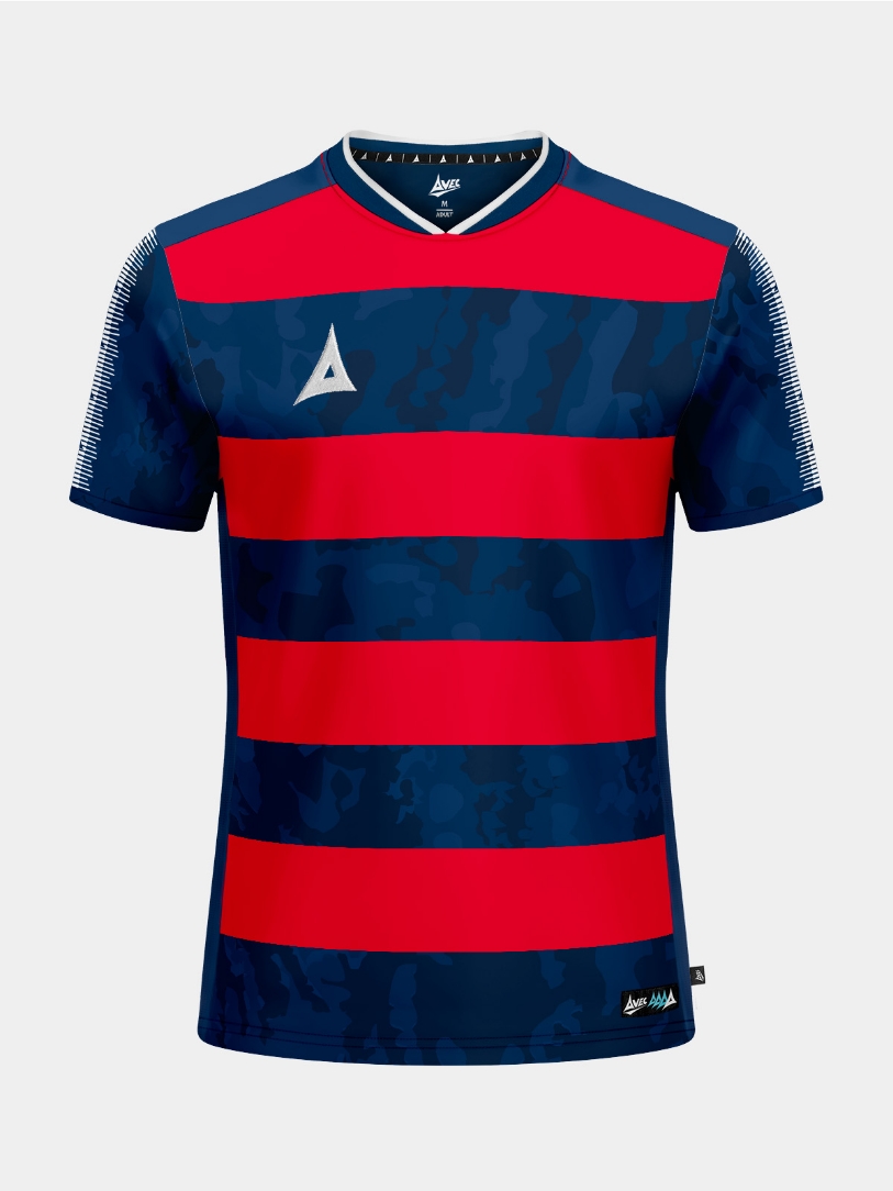 Full front view of the Navy and Red Pro Intent Hoop Jersey, showcasing the bold camo-patterned hoops.