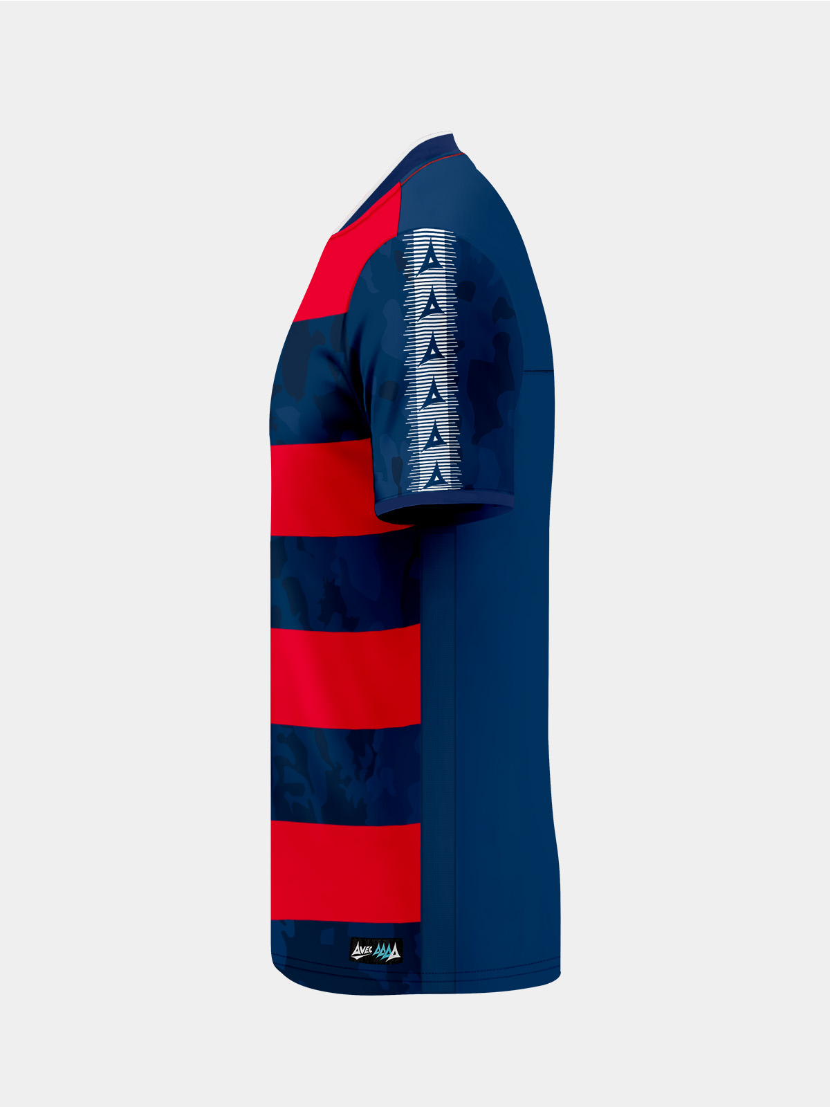 left profile of the navy and red jersey showing the contrast sleeve design and ergonomic mesh side panels.
