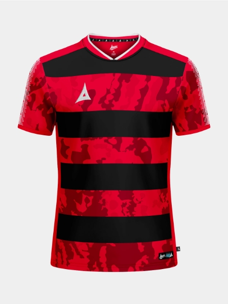 The Red and Black Pro Intent Hoop Jersey shown from the front, featuring a disruptive camo-sublimation effect.