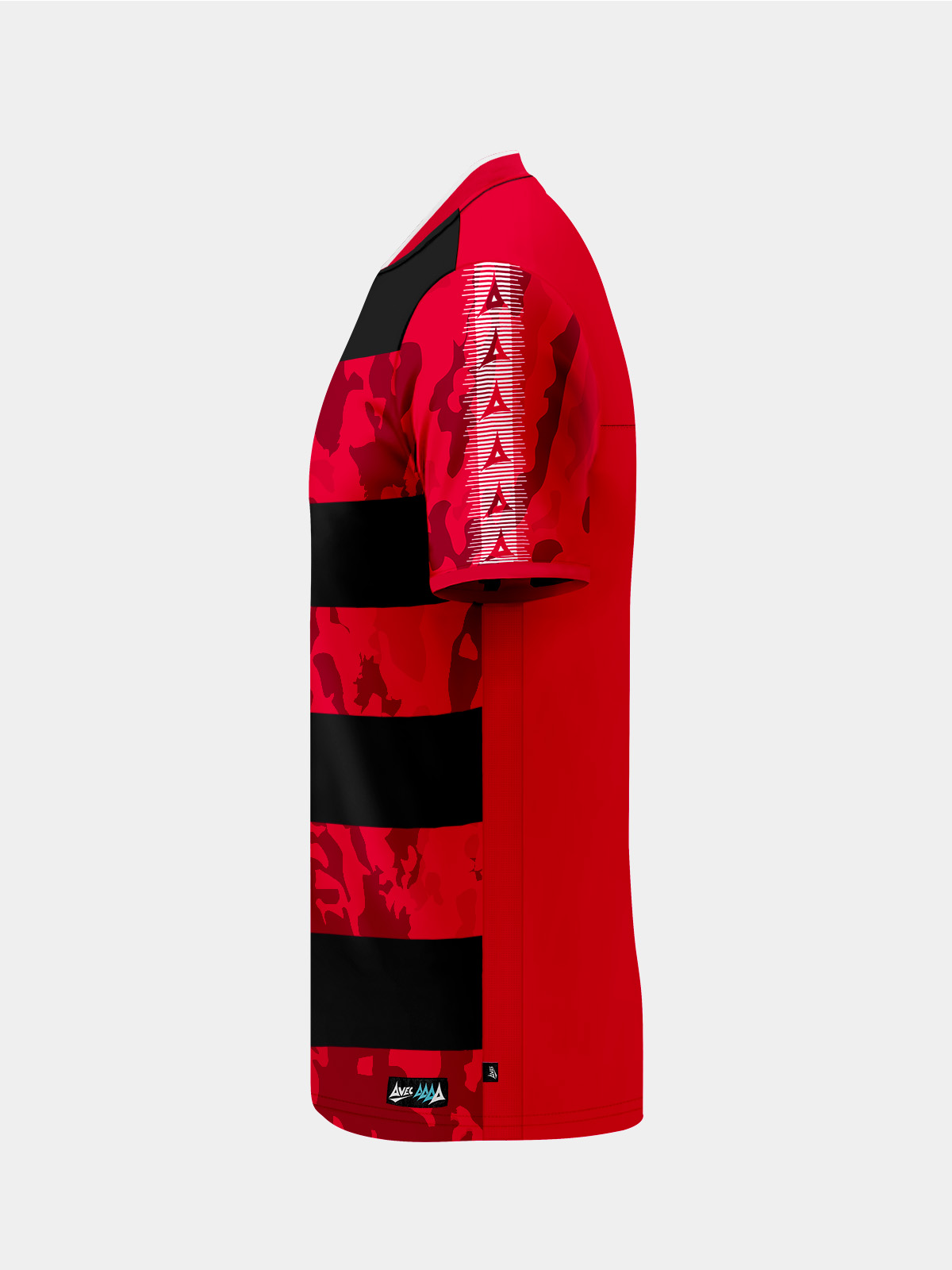 side perspective of the red and black jersey highlighting the ventilation mesh and technical fabric build.