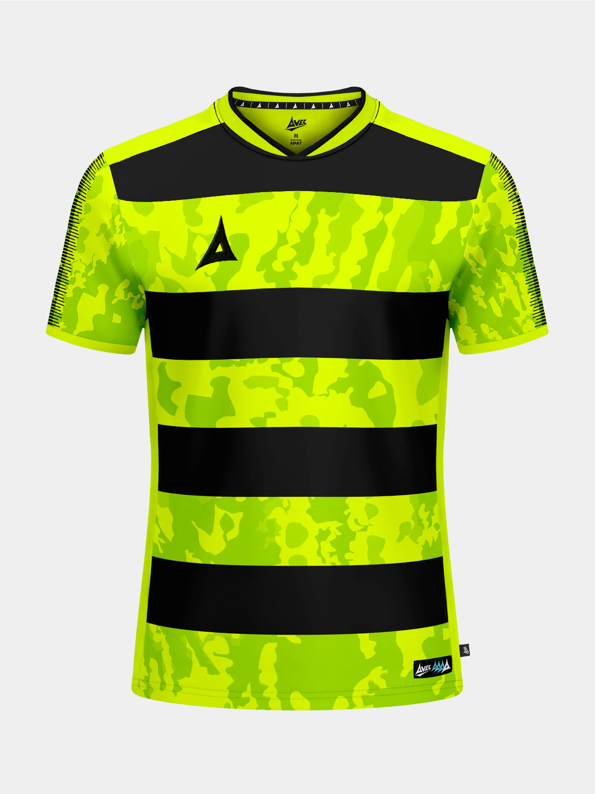 front view of the high-visibility neon yellow and black pro intent hoop jersey with modern camo hoops.