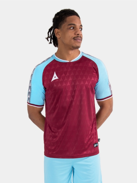Model view of the Claret and Sky Heritage Jersey, showcasing the iconic contrast sleeve design.