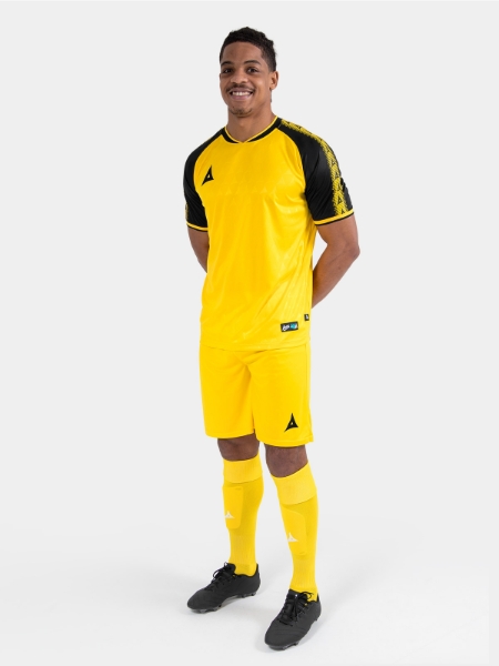 Full body view of the Yellow and Black Heritage matchday kit with matching shorts and socks.