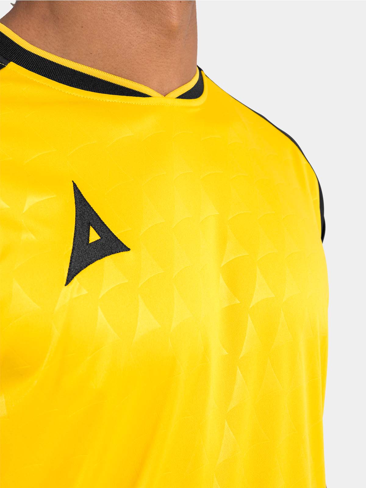 detail shot of the yellow and black heritage jersey neckline and soft-feel v-neck collar.