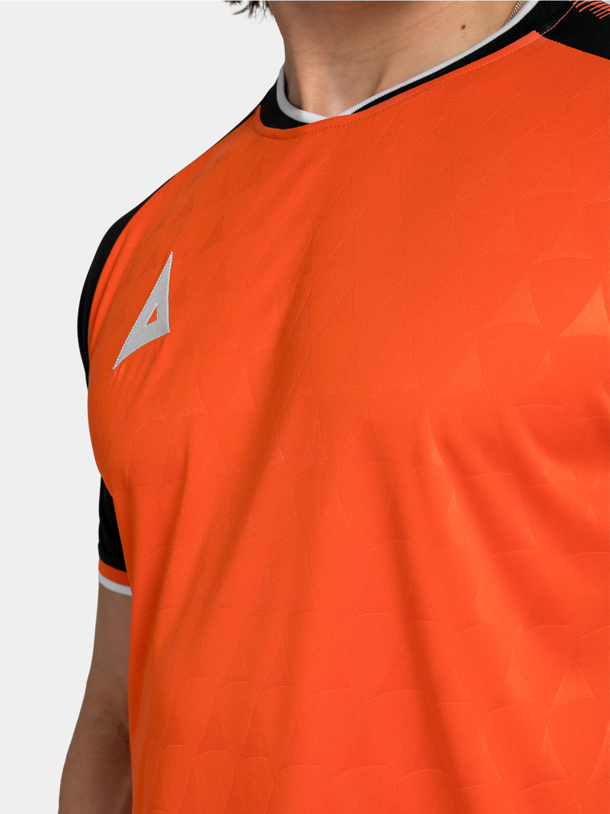 technical detail of the orange heritage neckline highlighting the ribbed collar construction.