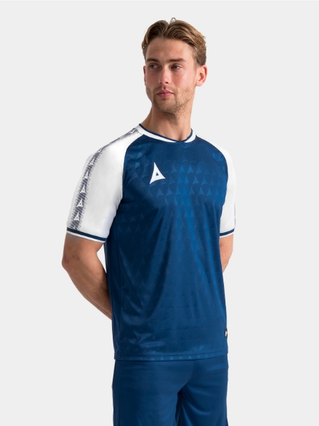 Lifestyle view of the Navy and White Heritage Jersey, focusing on the comfort-fit chest and shoulders