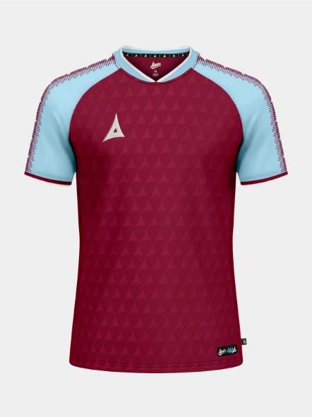 The Claret and Sky Blue Heritage Jersey shown from the front, highlighting the traditional club colors and debossed texture.