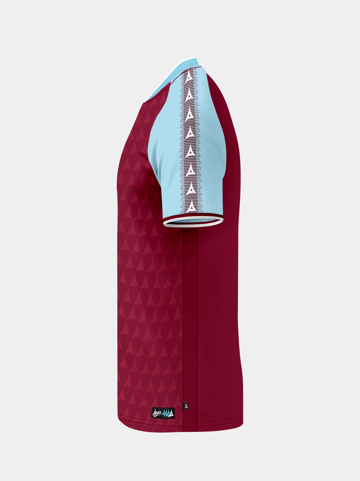 side profile of the claret heritage jersey featuring the sky blue contrast sleeve.