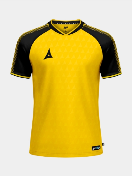 Front view of the Yellow and Black Heritage Football Jersey highlighting the athletic fit and signature chest branding.