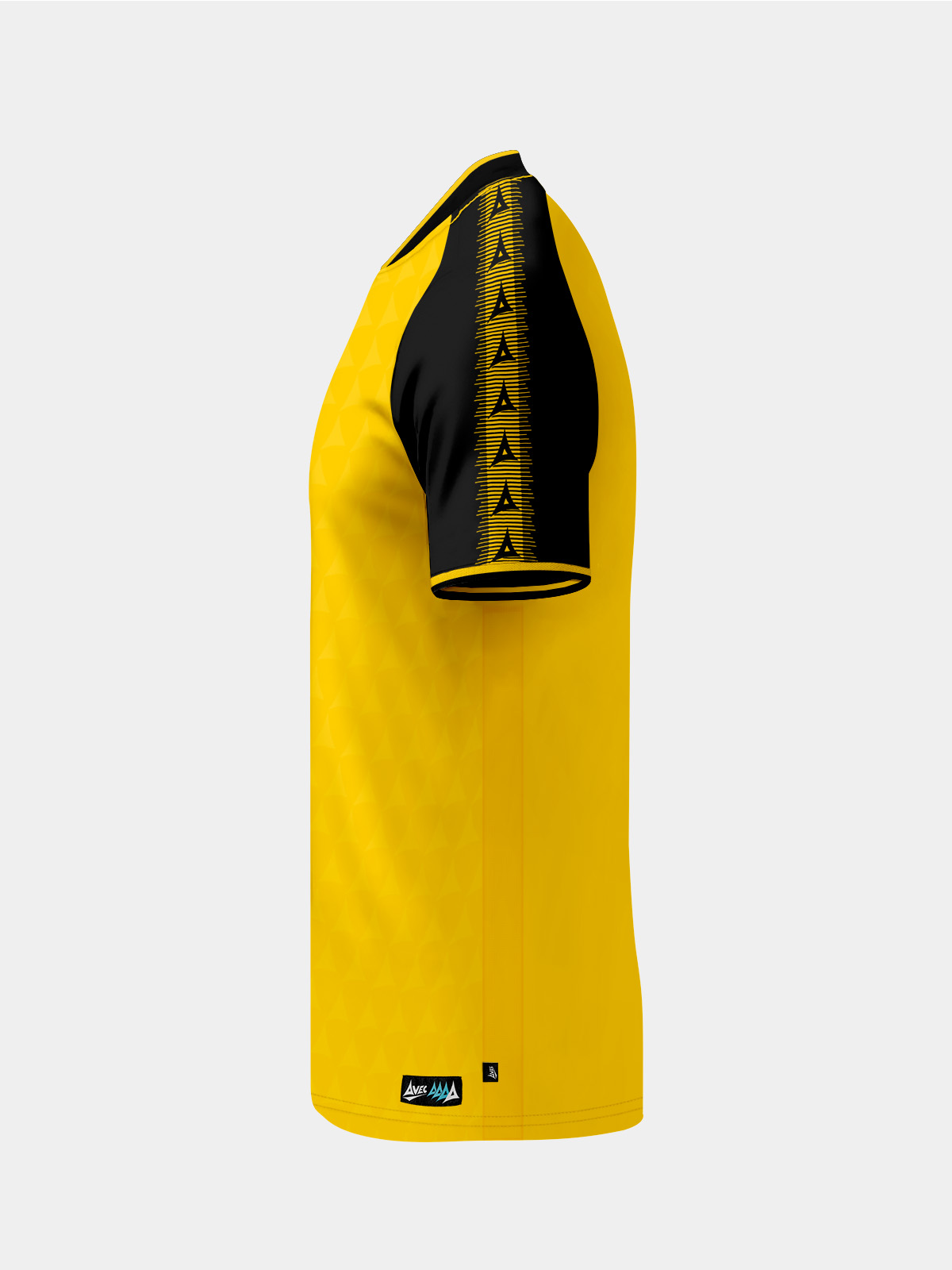 left profile of the yellow and black heritage shirt displaying the contrast sleeve and debossed fabric pattern.