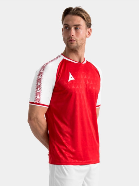 Top-half lifestyle view of the Red and White Heritage Jersey for a professional matchday look.