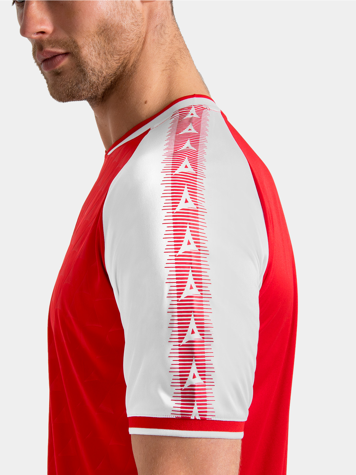 red and white heritage jersey sleeve detail featuring the debossed 'a' logo.