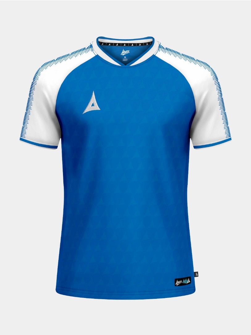 Royal Blue and White Heritage matchday shirt front view, displaying the signature Avec logo and moisture-wicking fabric.