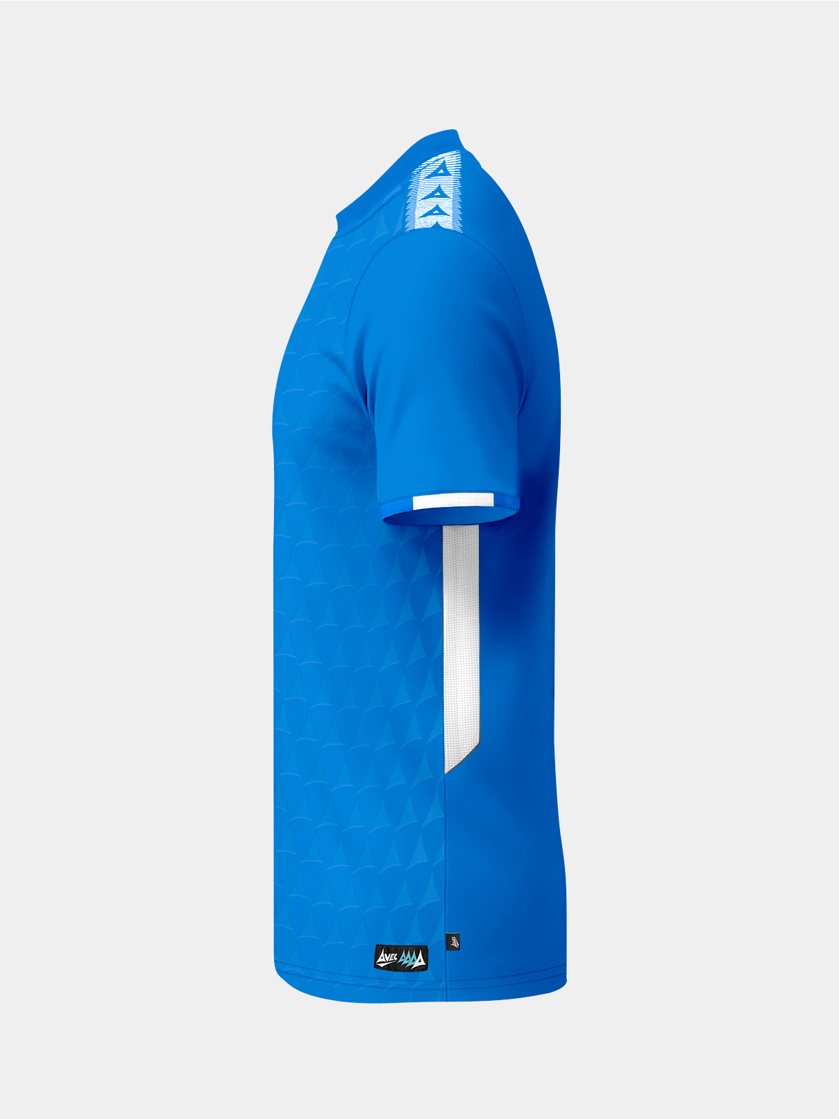 left profile of the royal blue jersey showcasing the technical cooling mesh on the side seam.