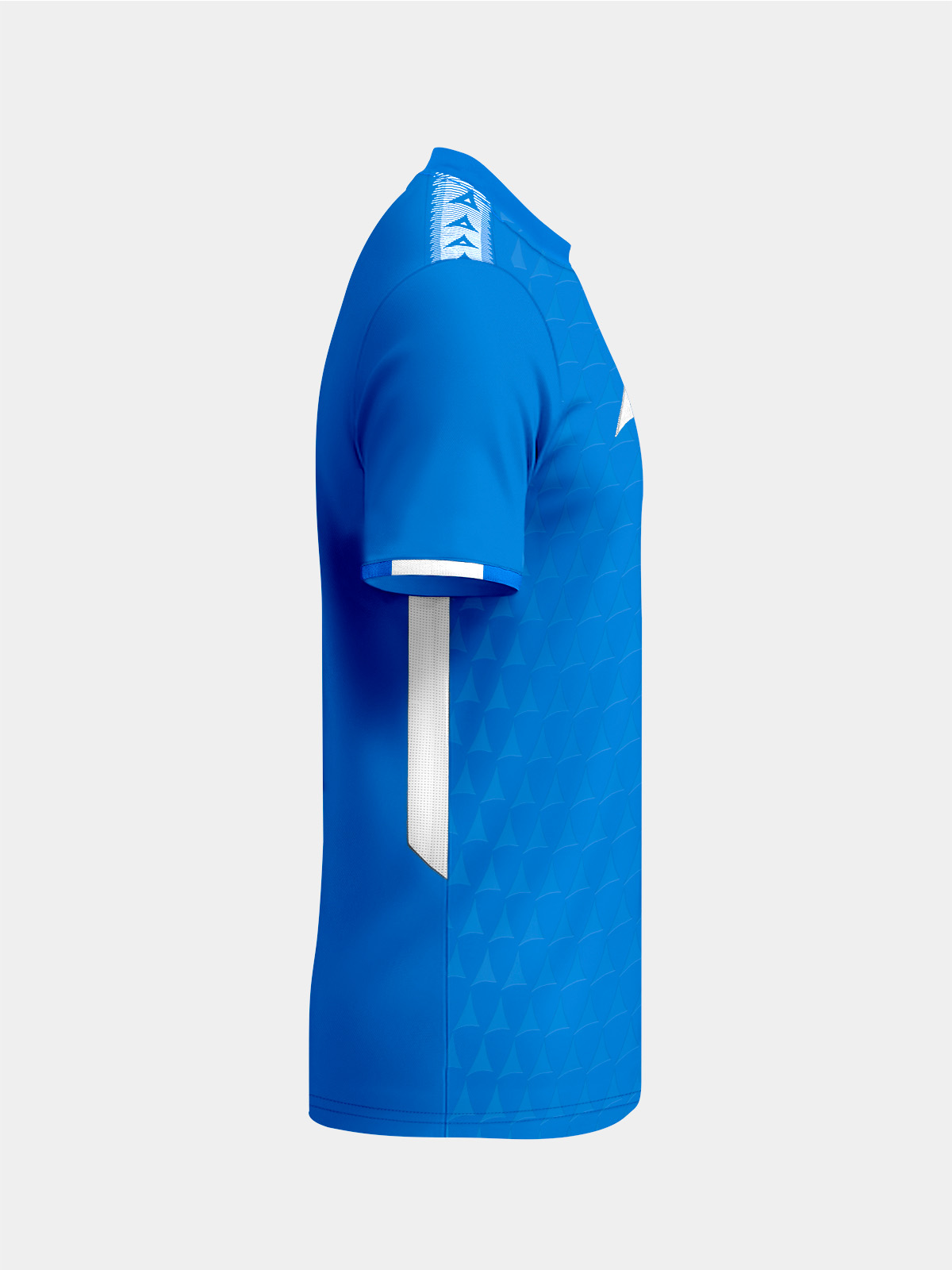 right side view of the royal blue top, displaying the ergonomic performance fit.