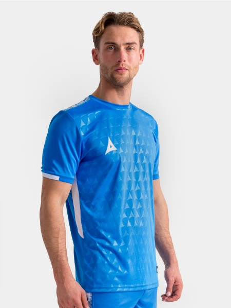 Lifestyle shot of a model in the Royal Blue Evolve Pro jersey, focusing on the athletic silhouette.