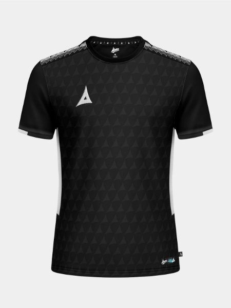 Front view of the Black Evolve Pro Training Jersey featuring a subtle debossed 'A' logo pattern on front panel