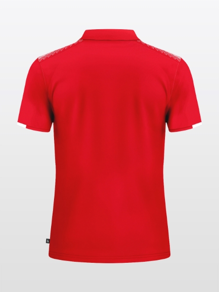 Rear view of the Red travel polo, providing a professional and bold club aesthetic.