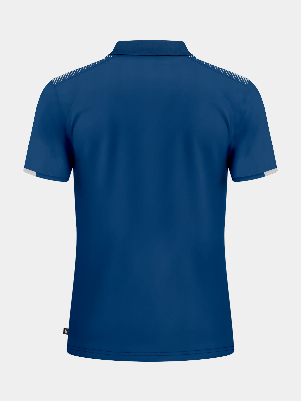 rear perspective of the navy travel polo, tailored for professional squad and staff representation.