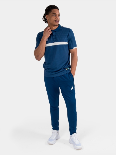 Full-length view of the Navy travel kit on-model, featuring the Pro Tech Polo and presentation gear.