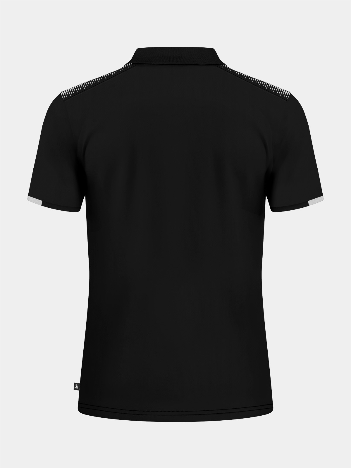 rear perspective of the black travel polo, showing the clean finish and tailored athletic silhouette