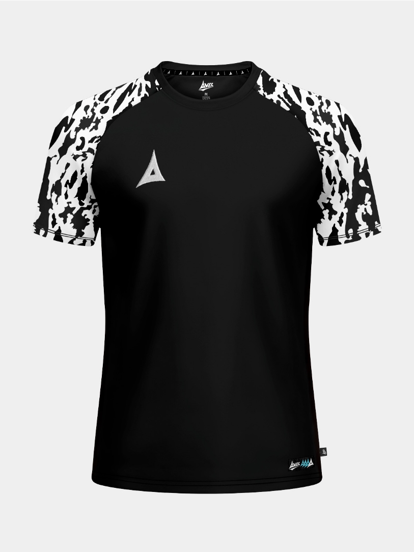 The Black Classic Pro Jersey shown from the front, featuring a stealth-inspired torso and camo sleeves.