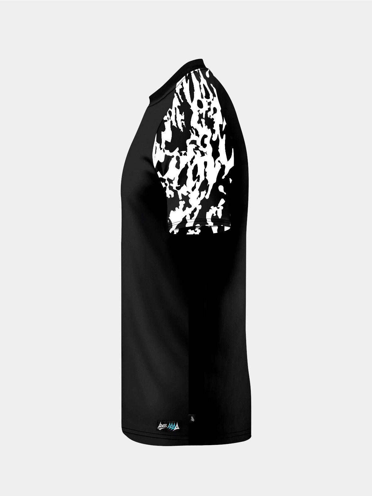 side perspective of the black jersey highlighting the ventilation mesh and technical fabric build.