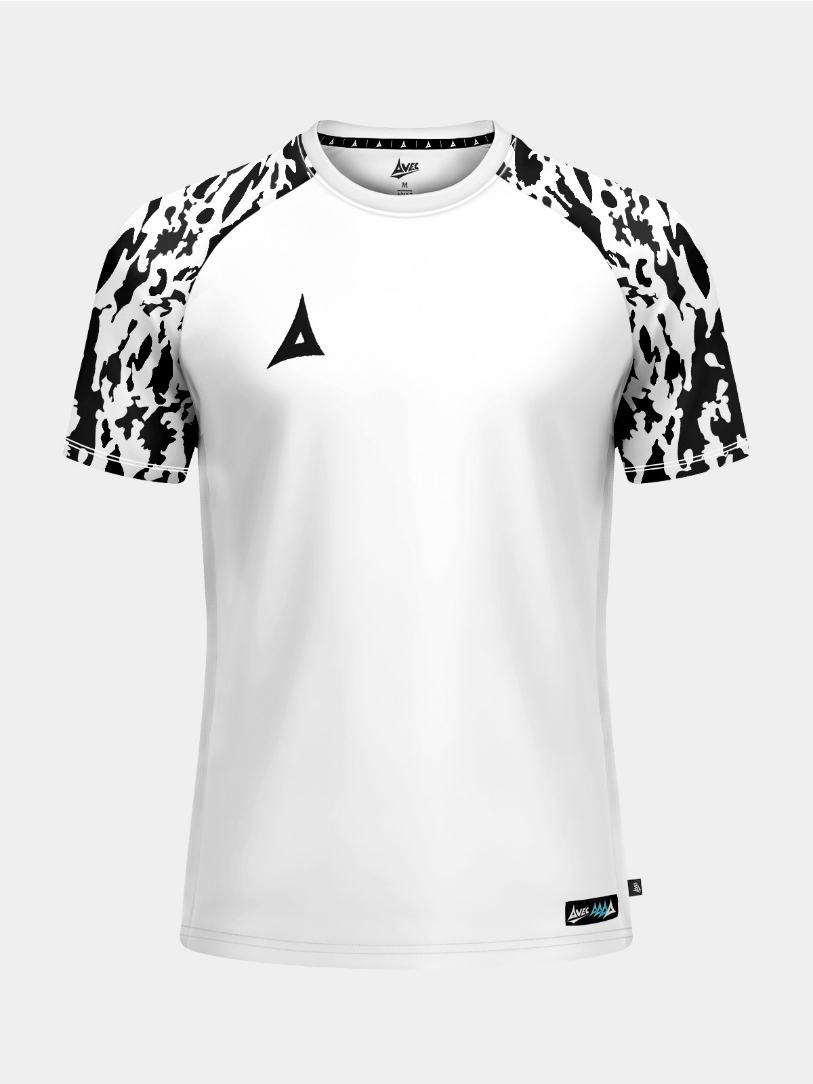 Front-facing shot of the White and Black Classic Pro Jersey, featuring a crisp white torso and high-contrast black camo sleeves.