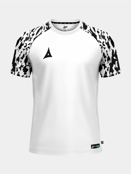 Front-facing shot of the White and Black Classic Pro Jersey, featuring a crisp white torso and high-contrast black camo sleeves.
