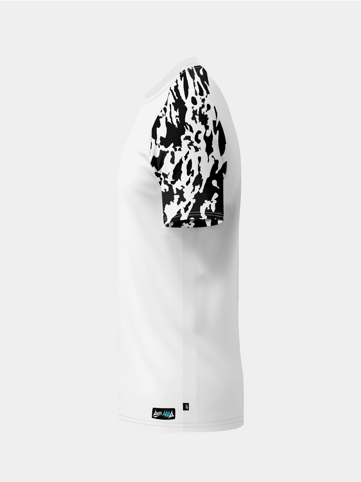 left profile of the white and black jersey highlighting the black ultra-mesh ¾ side panels for targeted cooling