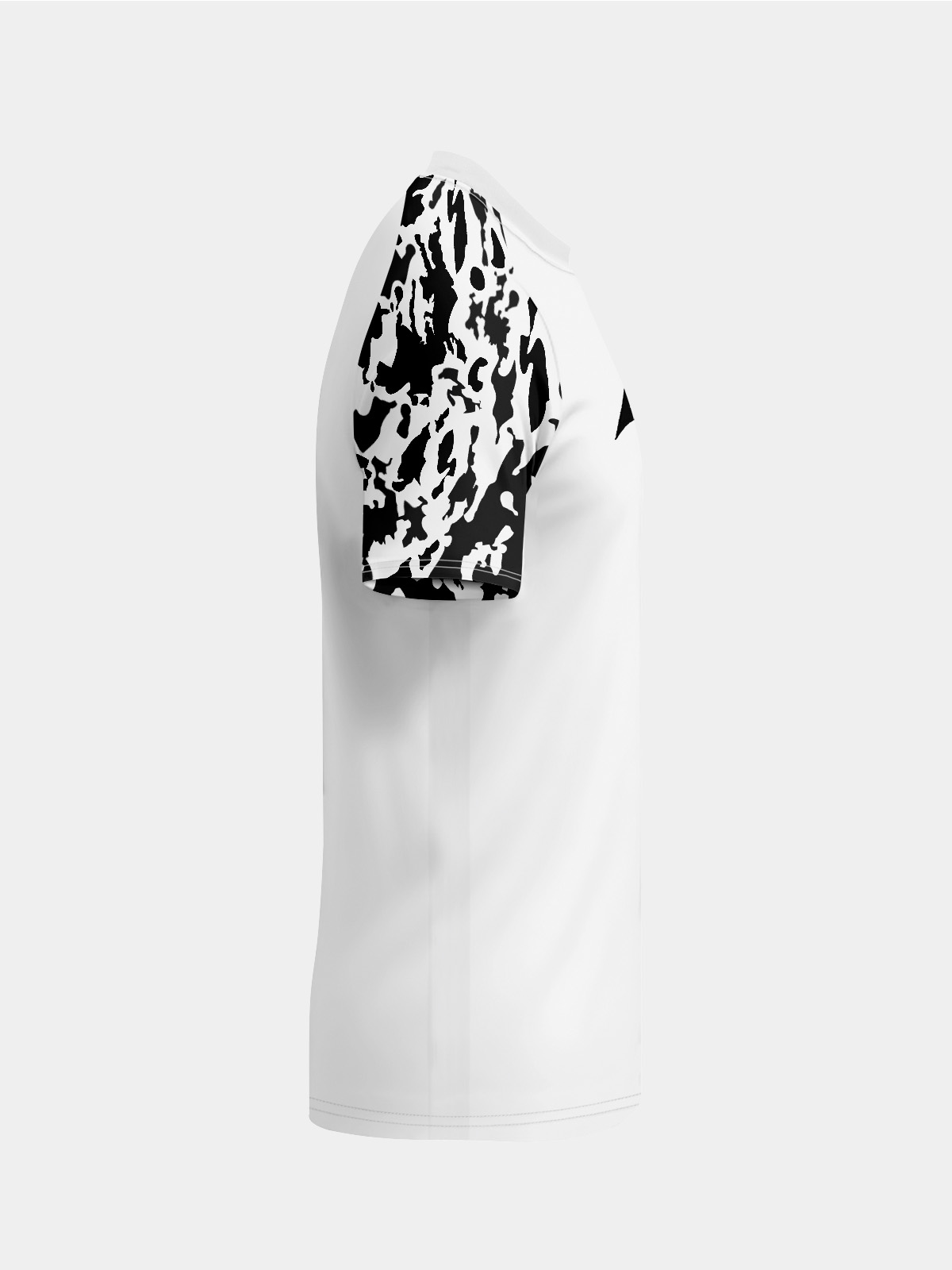 right side view of the white and black classic pro shirt, displaying the ergonomic sleeve design and moisture-wicking fabric.