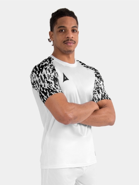 Professional athlete wearing the White and Black Classic Pro Jersey, illustrating the streamlined athletic pro-fit.