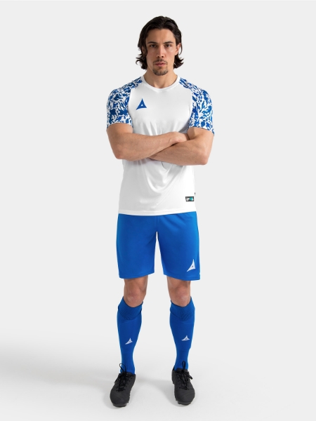 Full-length view of the White and Royal Classic Pro kit, demonstrating a professional and cohesive teamwear look.